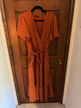 Rust Orange Textured Maxi Dress with Tie Waist